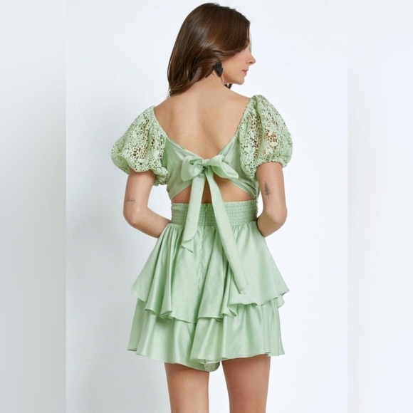 Mustard Seed Lace Sleeve Back Tie Ruffle Tiered Mini Romper Dress - Picture 3 of 3